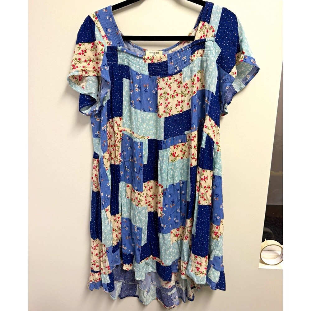 Umgee Women’s Blue/White Patchwork Floral Shift Dress L Scoop Neck Ruffle